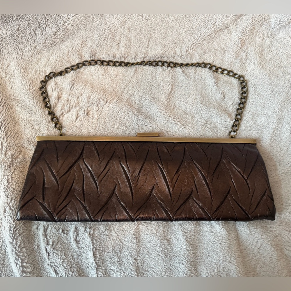 Jessica Mcclintock Brown Textured Clutch With Chain Strap Evening Bag